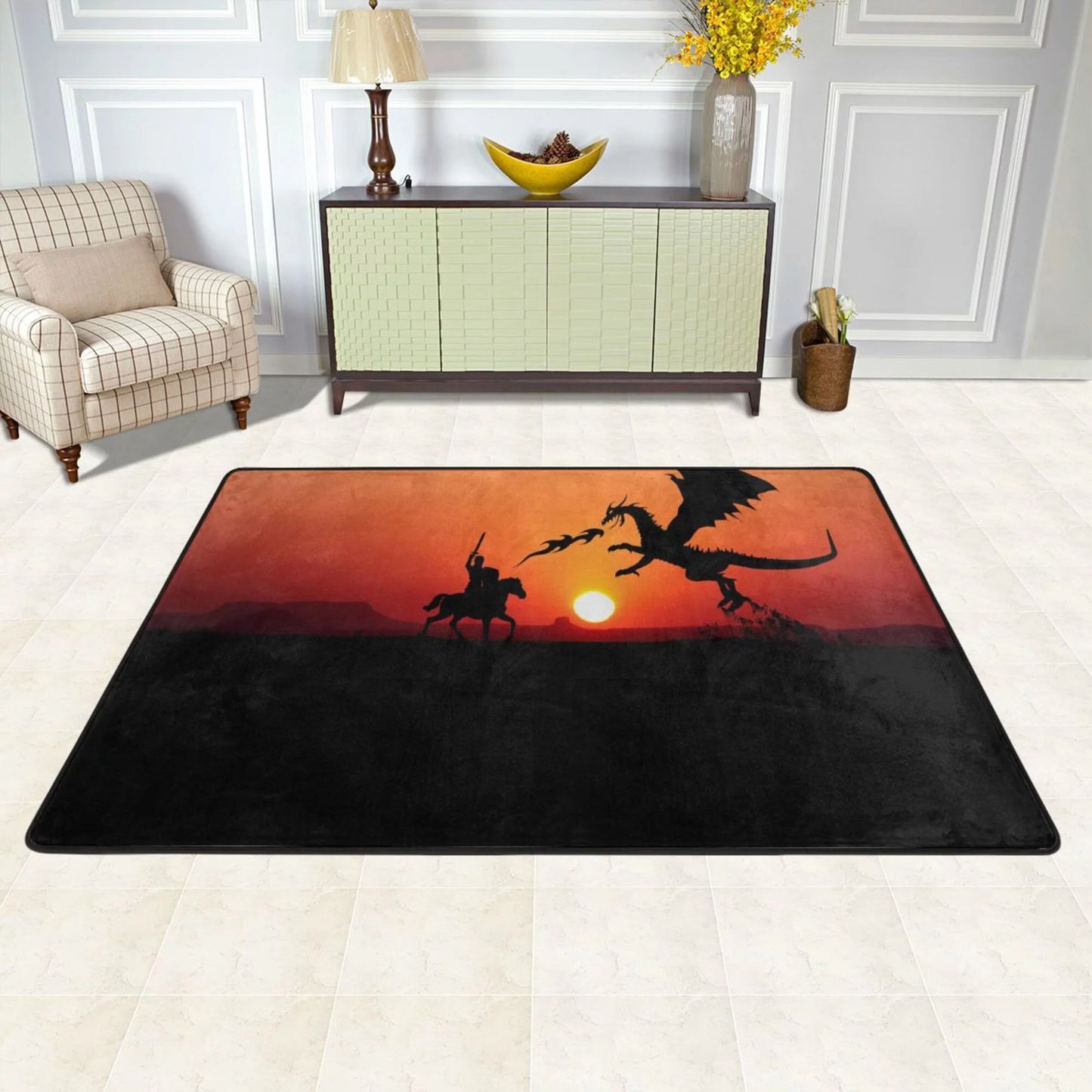 ZICANCN Sunset Dragon Knight Area Rugs Doormat , Facecloth Non-Slip Floor Mat Rug Living Room Kitchen Sink Area Indoor Outdoor Entrance 72"x48"