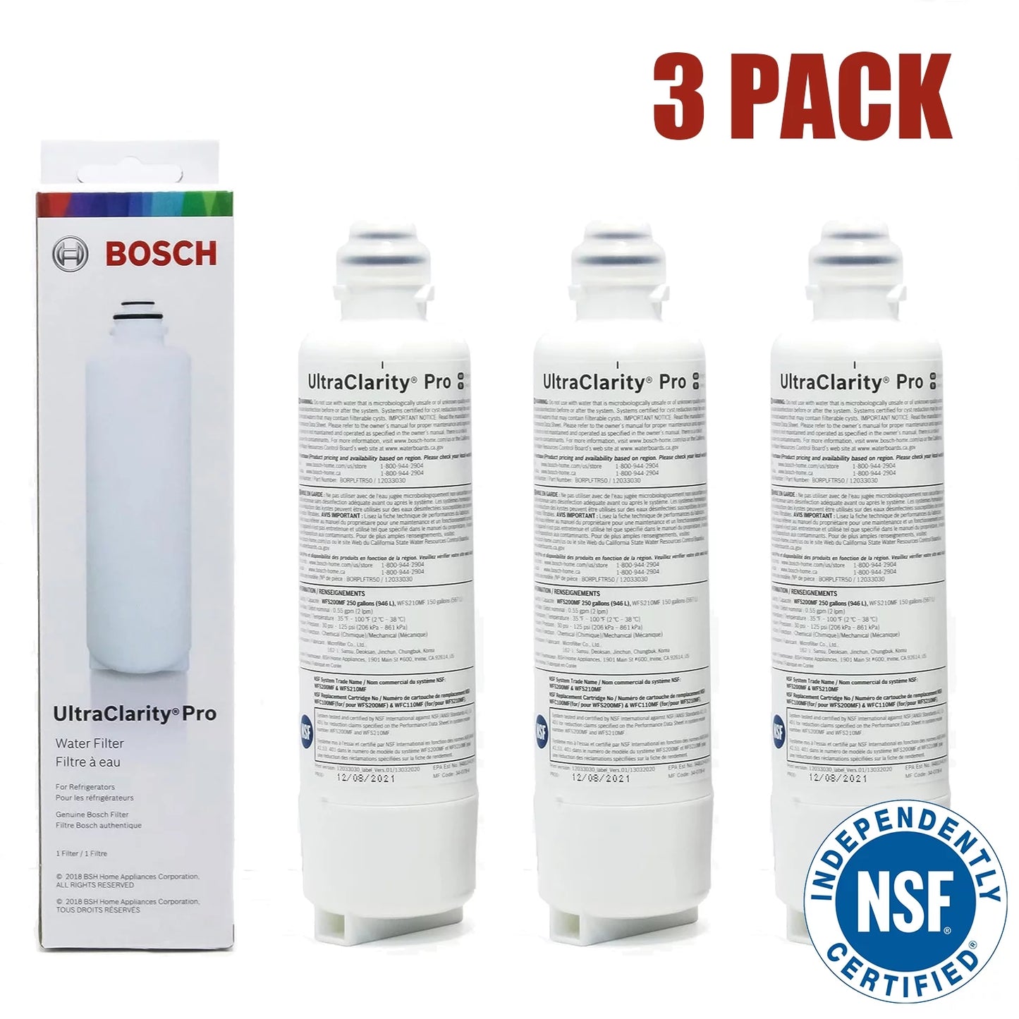 3 Pack Bosch UltraClarity Pro Water Filter, BORPLFTR55, RA450022, REPLFLTR55, 11032531 Replacement/