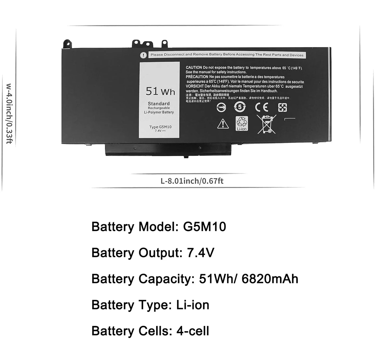 51WH Battery Dell Latitude E5250 E5450 E5550 3150 3160 3550 5550 5450 5250 Series Laptop Notebook G5M10 08V5GX 8V5GX WYJC2 0WYJC2 R9XM9 TXF9M VMKXM 5XFWC PF59Y 1KY05 451-BBLN 451-BBLL 451-BBLK