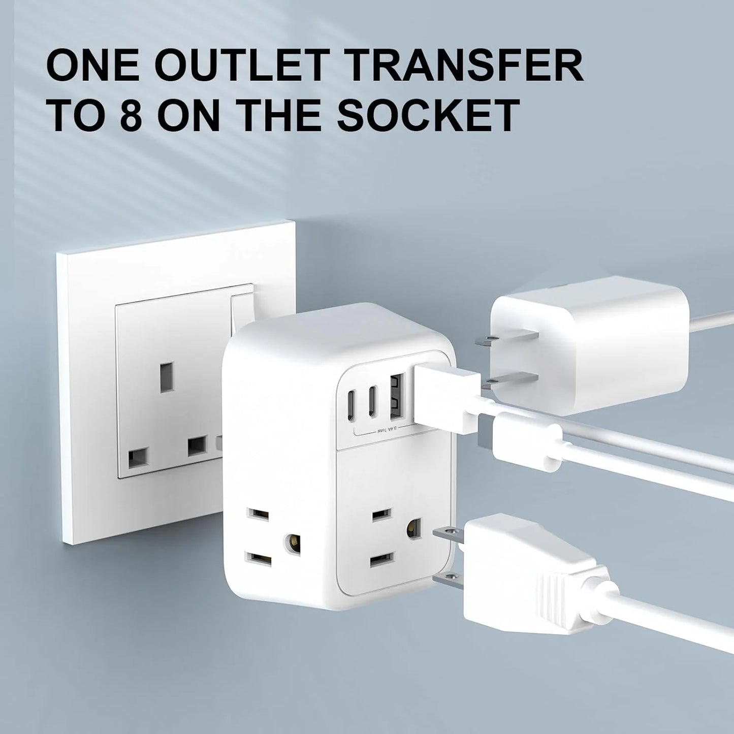 US to UK Plug Adapter, Foldable UK Travel Plug Adapter, Type G Power Adapter with 4 Outlets 4 USB Ports(2 USB C) Travel Essentials Plug with Bag USA to Qatar Ireland England Kenya Dubai London