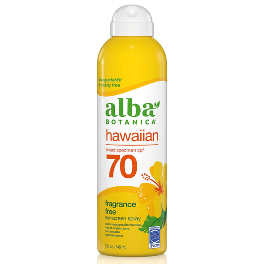 Alba Botanica Sunscreen For Face And Body, Fragrance-Free Hawaiian Sunscreen Spray, Broad Spectrum Spf 70 Sunscreen, Water And Biodegradable, 5 Fl. Oz. Bottle