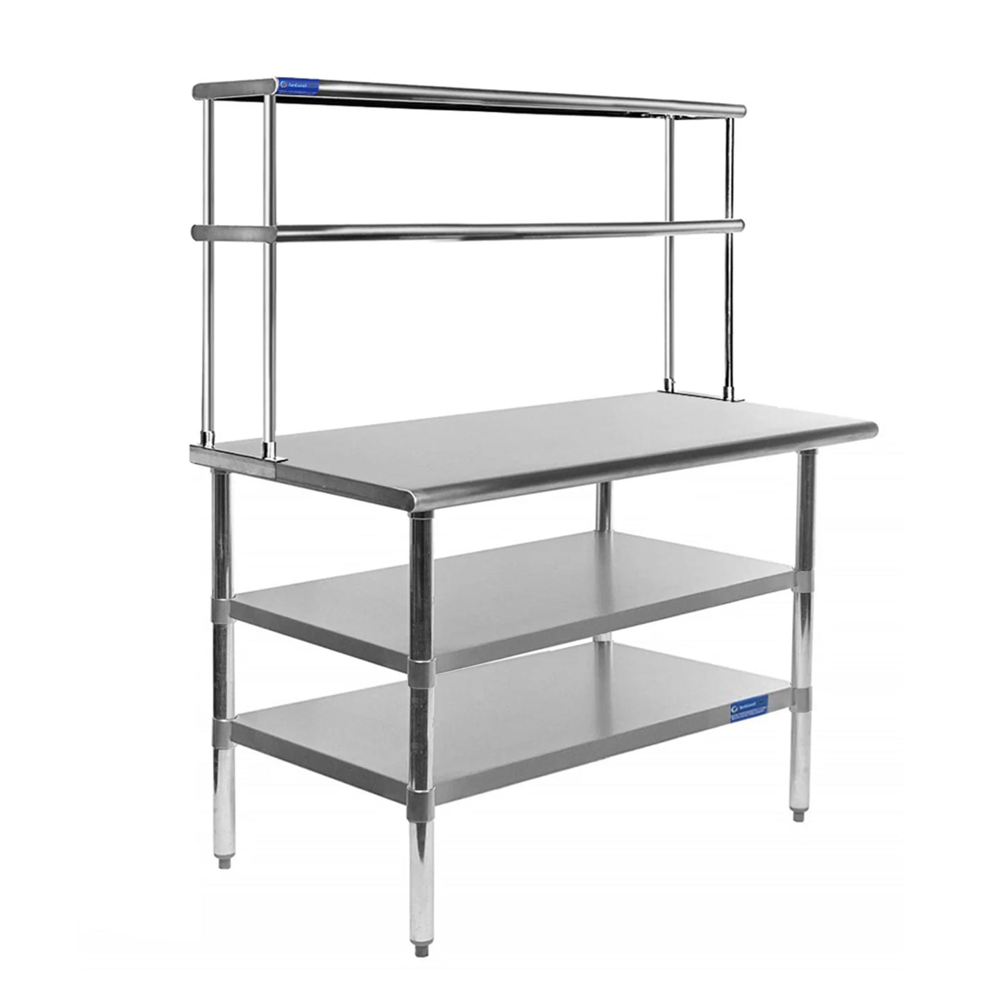 30" x 30" Stainless Steel Work Table With Two Shelves | 12" Wide Double Tier Overshelf | Metal Kitchen Prep Table & Shelving Combo