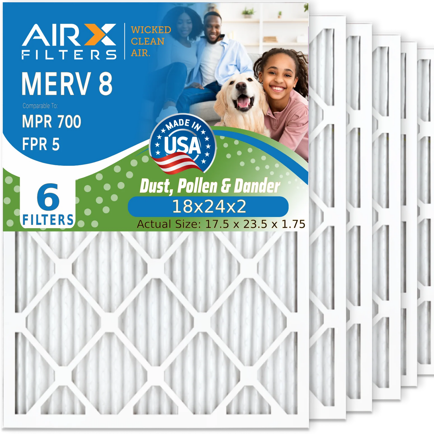 18x24x2 Air Filter MERV 8 Comparable to MPR 700 & FPR 5 Electrostatic Pleated Air Conditioner Filter 6 Pack HVAC AC Premium USA Made 18x24x2 Furnace Filters by AIRX FILTERS WICKED CLEAN AIR.