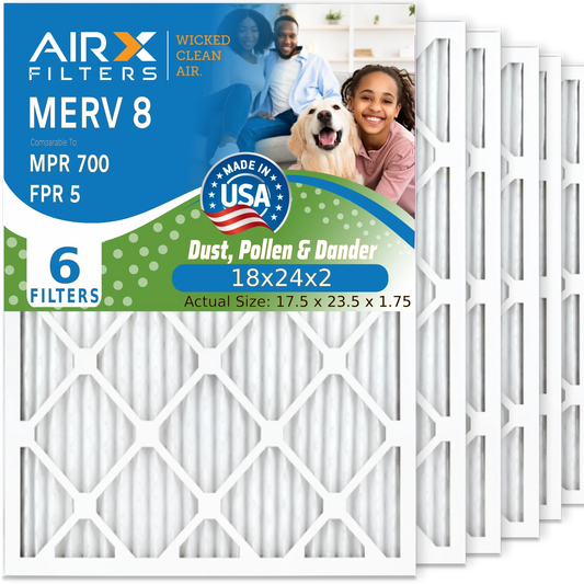 18x24x2 Air Filter MERV 8 Comparable to MPR 700 & FPR 5 Electrostatic Pleated Air Conditioner Filter 6 Pack HVAC AC Premium USA Made 18x24x2 Furnace Filters by AIRX FILTERS WICKED CLEAN AIR.