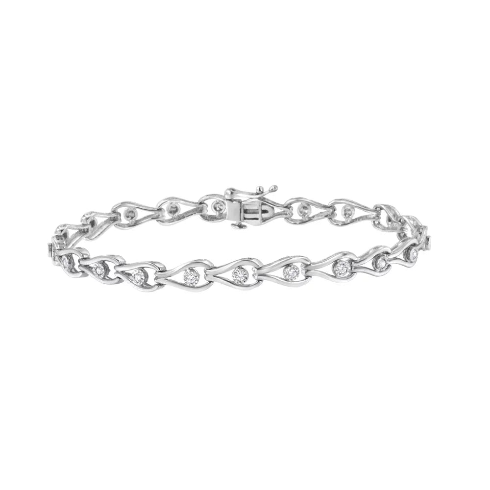 .925 Sterling Silver 1/10 Cttw Miracle-Set Diamond Pear and Bezel Link Bracelet (I-J Color, I3 Clarity) - 7.25"