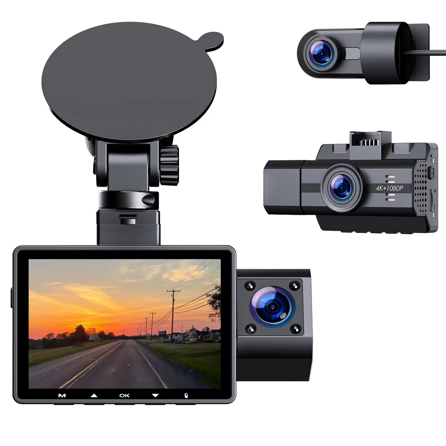 3 Channel 4K Dash Cam Front and Rear Inside, 4K+1080P Dash Camera Front and Inside, Triple Car Camera 2K+1080P+1080P with IR Night Vision, WDR, 170°Wide Angle, Parking Monitor