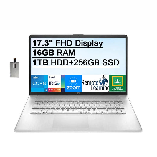 2021 HP 17.3" FHD IPS 250 Nits Laptop Computer, Intel Core i5-1155G7 Processor, 16GB RAM, 1TB HDD+256GB SSD, Backlit Keyboard, Intel Iris Xe Graphics, HD Webcam, HD Audio, Win11, Silver, 32GB USB Card