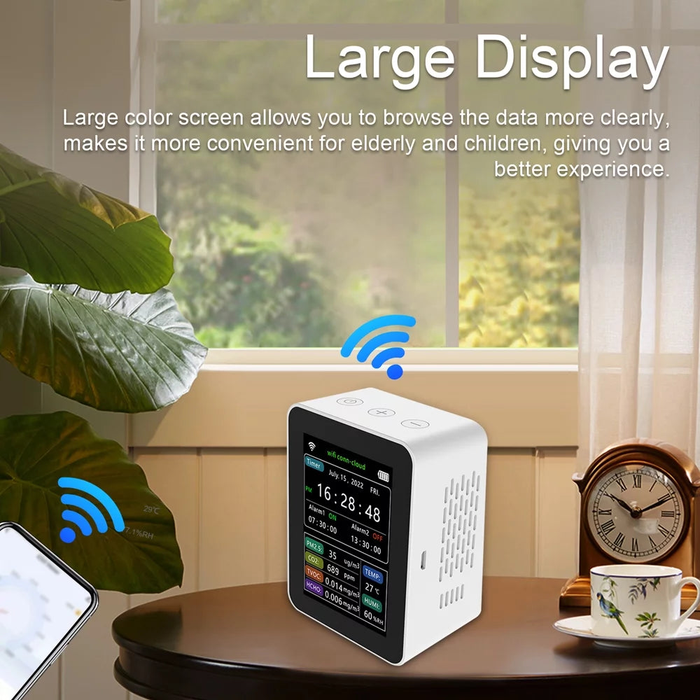 Wifi Intelligent Air Standard Detector Pm2.5 Co2 Tvoc Hcho Temperature Humidity 6 In 1 Detector Time Date Week Display Mobilephone App Remotes Viewing 2 Sets Alarm Clock Home Indoor Desk