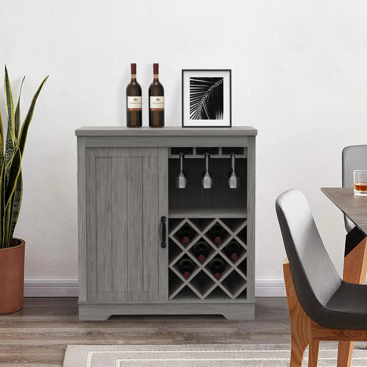 ABBSR Gray Wooden Wine Bar Storage Cabinet with Glass Holder,Wine Rack,Large Table Decor