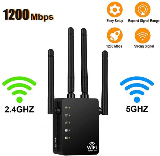 "Happyline" WiFi Range Extender 1200Mbps WiFi Repeater Wireless Signal Booster, 2.4 & 5GHz Dual Band WiFi Extender with Gigabit Ethernet Port, Extend WiFi Signal to Smart Home & Alexa Devices