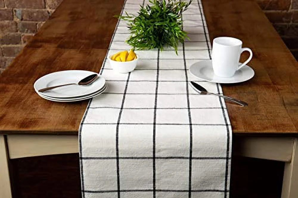 Sticky Toffee Table Runner Cotton Farmhouse Plaid 14 in x 72 in, Table Décor Kitchen or Dining, Cream Cloth Woven Table Runners