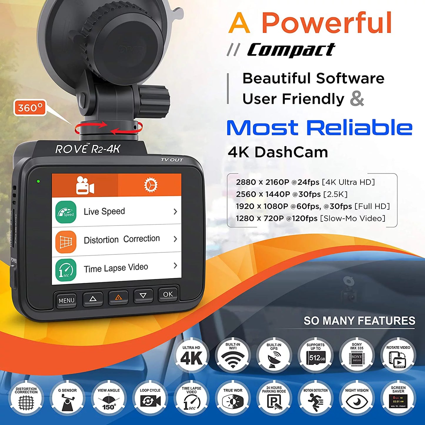 4K Dash Cam Built in WiFi GPS Car Dashboard Camera Recorder with UHD 2160P, 2.4" LCD, 150° Wide Angle, WDR, Night Vision