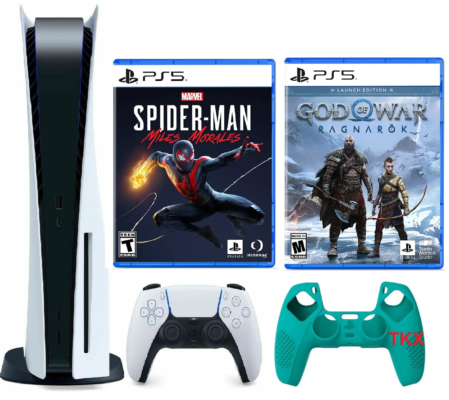 2023 Newest PlayStation_PS5 Gaming Console Disc Version Bundle with Marvel's Spider-Man: Miles Morales / God of War Ragnarök/ Silicone Controller Shield Skin