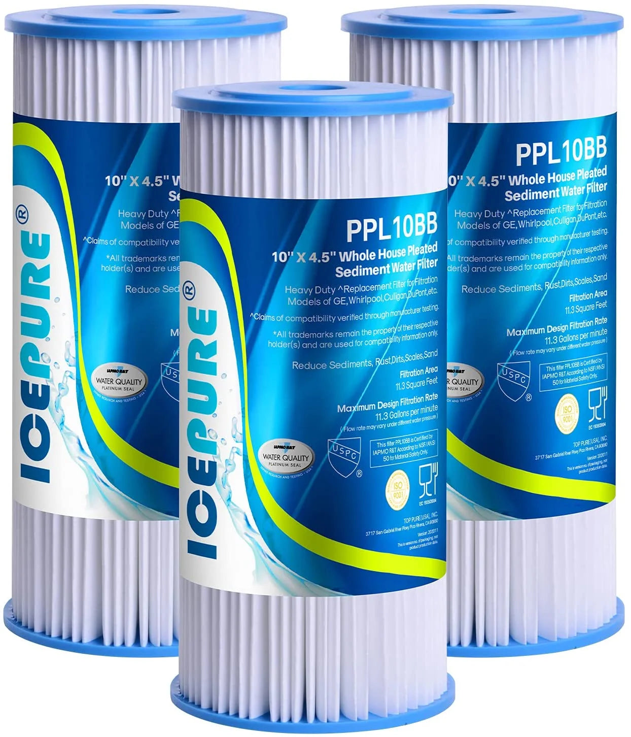 10" x 4.5" Whole House Pleated Sediment Water Filter Replacement GE FXHSC, Culligan R50-BBSA, Pentek R50-BB, DuPont WFHDC3001, W50PEHD, GXWH40L, GXWH35F, Well Water, Pack of 3