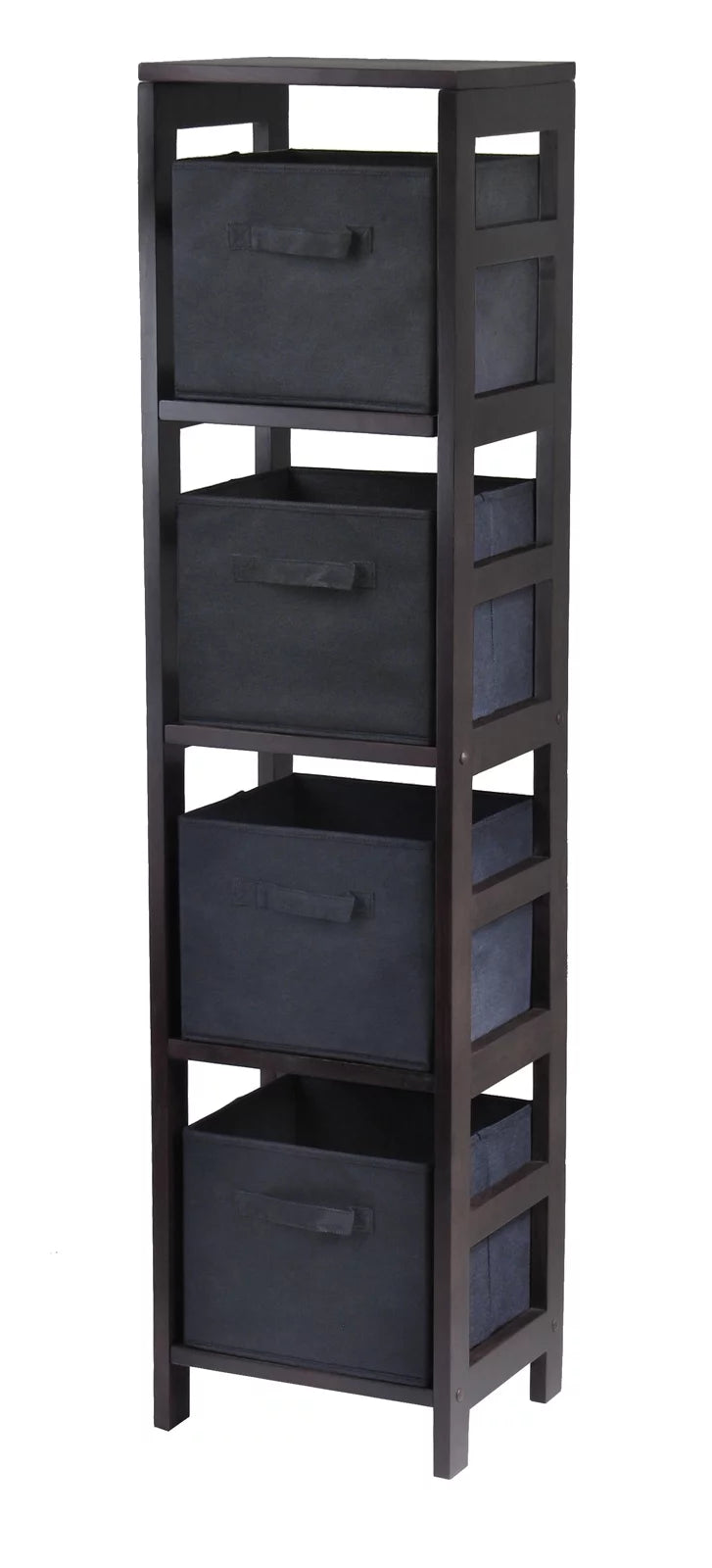 Winsome Wood Capri 5-Pc Set, Narrow Shelf & 4 Foldable Black Fabric Baskets, Espresso Finish