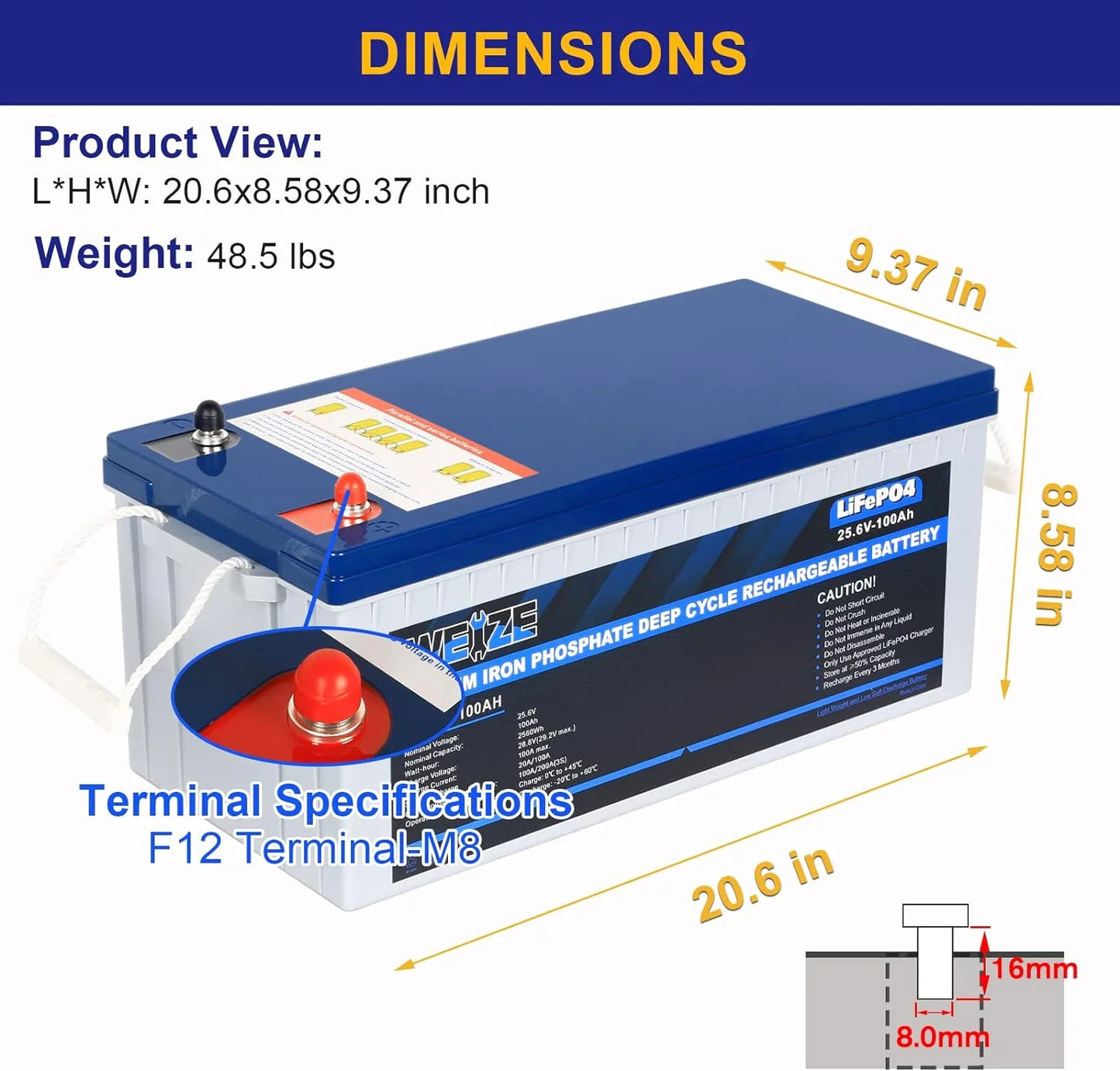 1Autodepot 24V 100AH LiFePO4 Lithium Battery, Built-in 100A Smart BMS, Up to 8000 Cycles, Perfect Solar System, RV, Camping, Marine, Off Grid Applications