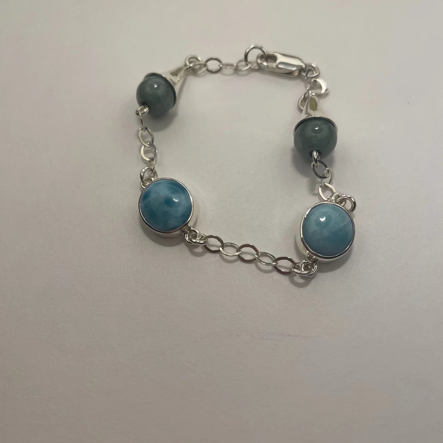 Women 925 Sterling Silver Handmade Jade and Larimar Bracelet