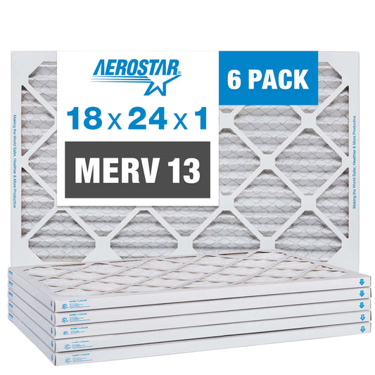 Aerostar 18x24x1 MERV 13 Pleated Air Filter, AC Furnace Air Filter, 6 Pack