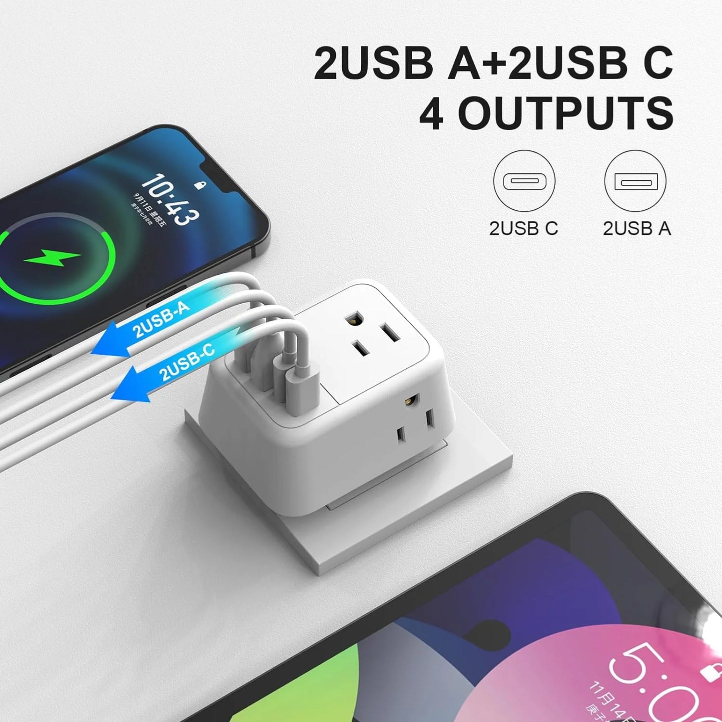 US to UK Plug Adapter, Foldable UK Travel Plug Adapter, Type G Power Adapter with 4 Outlets 4 USB Ports(2 USB C) Travel Essentials Plug with Bag USA to Qatar Ireland England Kenya Dubai London