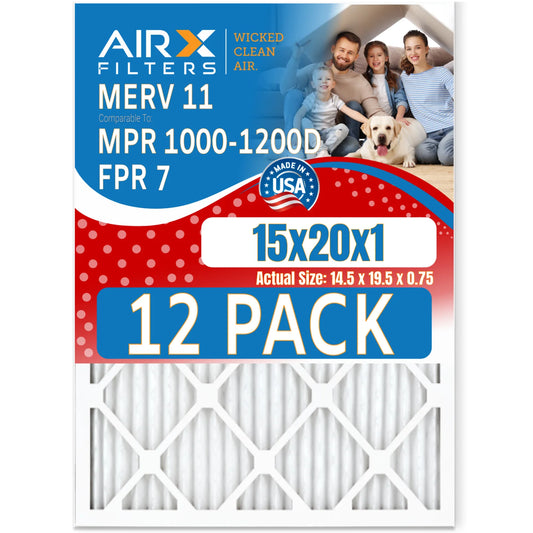 15x20x1 Air Filter MERV 11 Rating, 12 Pack of Furnace Filters Comparable to MPR 1000, MPR 1200 & FPR 7 - Made in USA by AIRX FILTERS WICKED CLEAN AIR.