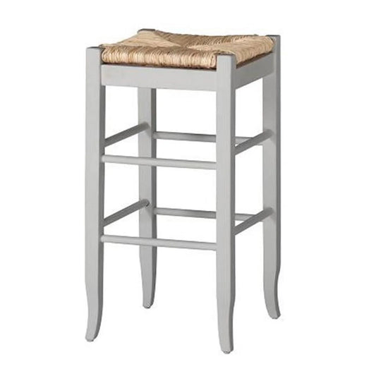 Square Wooden Frame Barstool with Hand Woven Rush - White & Brown - 29 x 14.5 x 14.5 in.