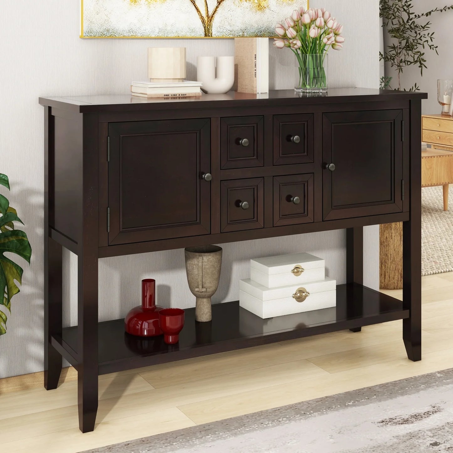 TREXM Cambridge Series Ample Storage Vintage Console Table with Four Small Drawers and Bottom Shelf Living Rooms Entrances and Kitchens (White OLD SKU WF190263AAA)