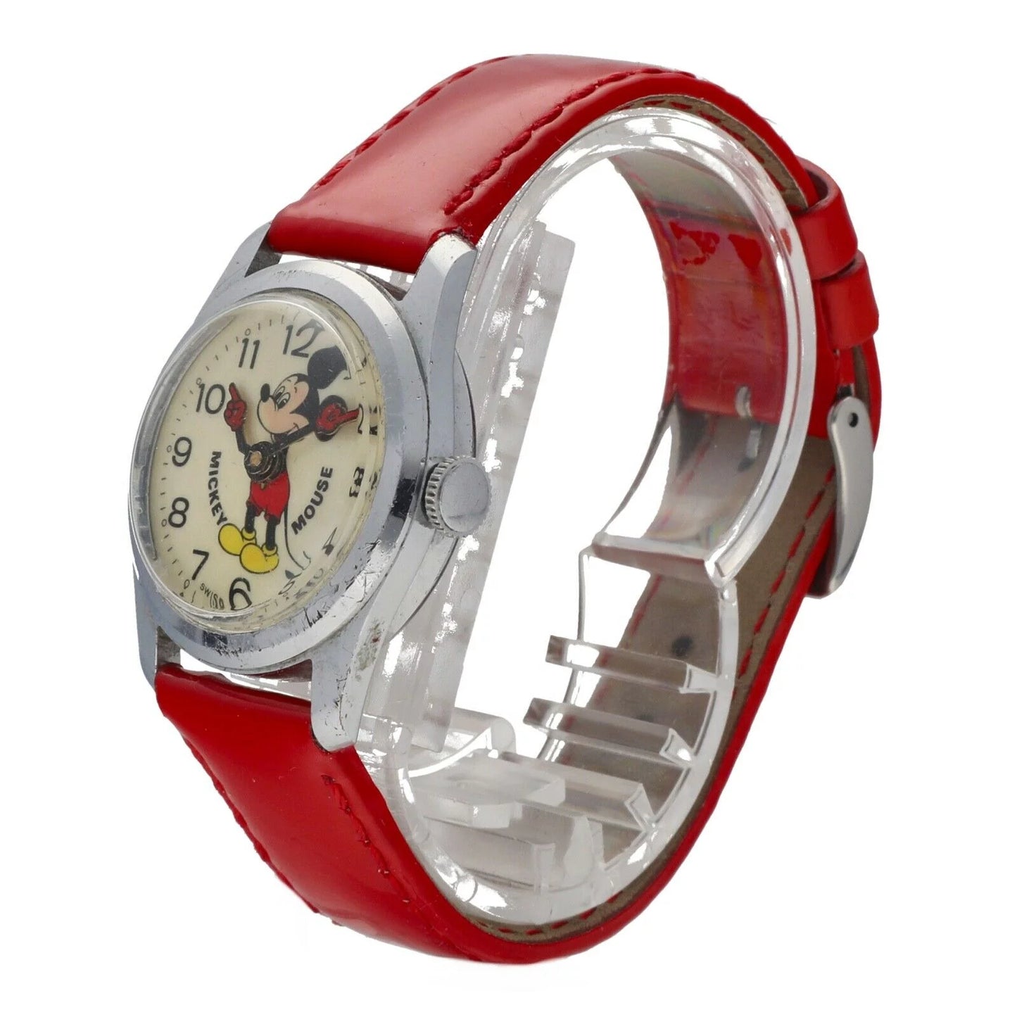 Vintage Mickey Mouse 29mm Base Metal Red Leather Swiss Manual Wind Women&#039;s Watch