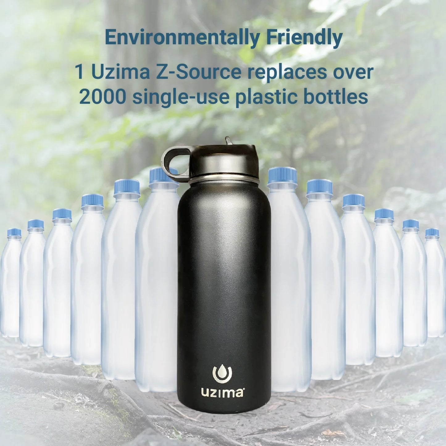 Uzima - Z-Source Filtered Water Bottle Hiking, Backpacking, Camping, and Travel. Water Purification on the Go. Large 32oz Capacity with Double-Walled Stainless Steel Exterior. (Black)