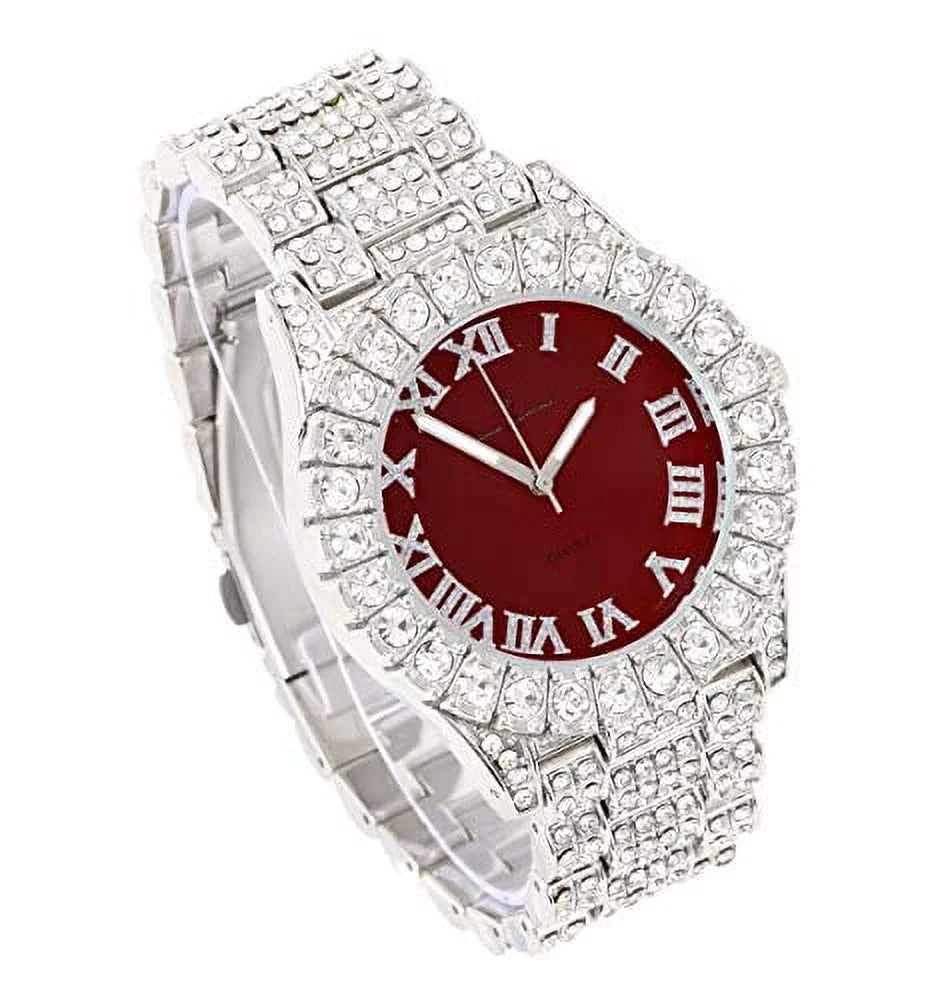 Women's Big Rocks Bezel Colored Dial with Roman Numerals Fully Iced Out Watch - ST10327LA (Silver - Burgundy)