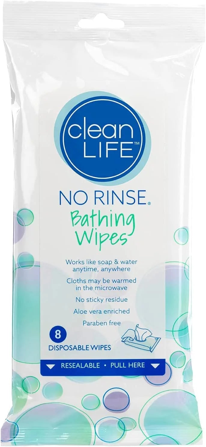 "Bathing Wipes by Cleanlife Products (5 Pack), Premoistened and Aloe Vera Enriched Maximum Cleansing and Deodorizing - Microwaveable, Hypoallergenic and Latex-Free (8 Wipes)"