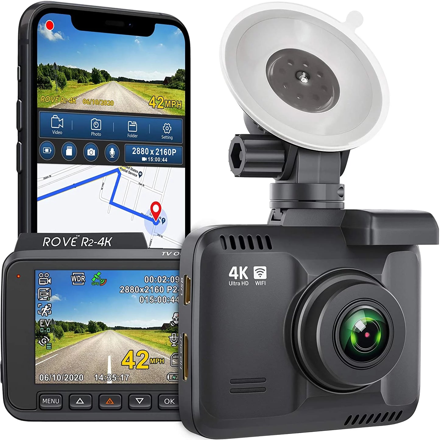 4K Dash Cam Built in WiFi GPS Car Dashboard Camera Recorder with UHD 2160P, 2.4" LCD, 150° Wide Angle, WDR, Night Vision