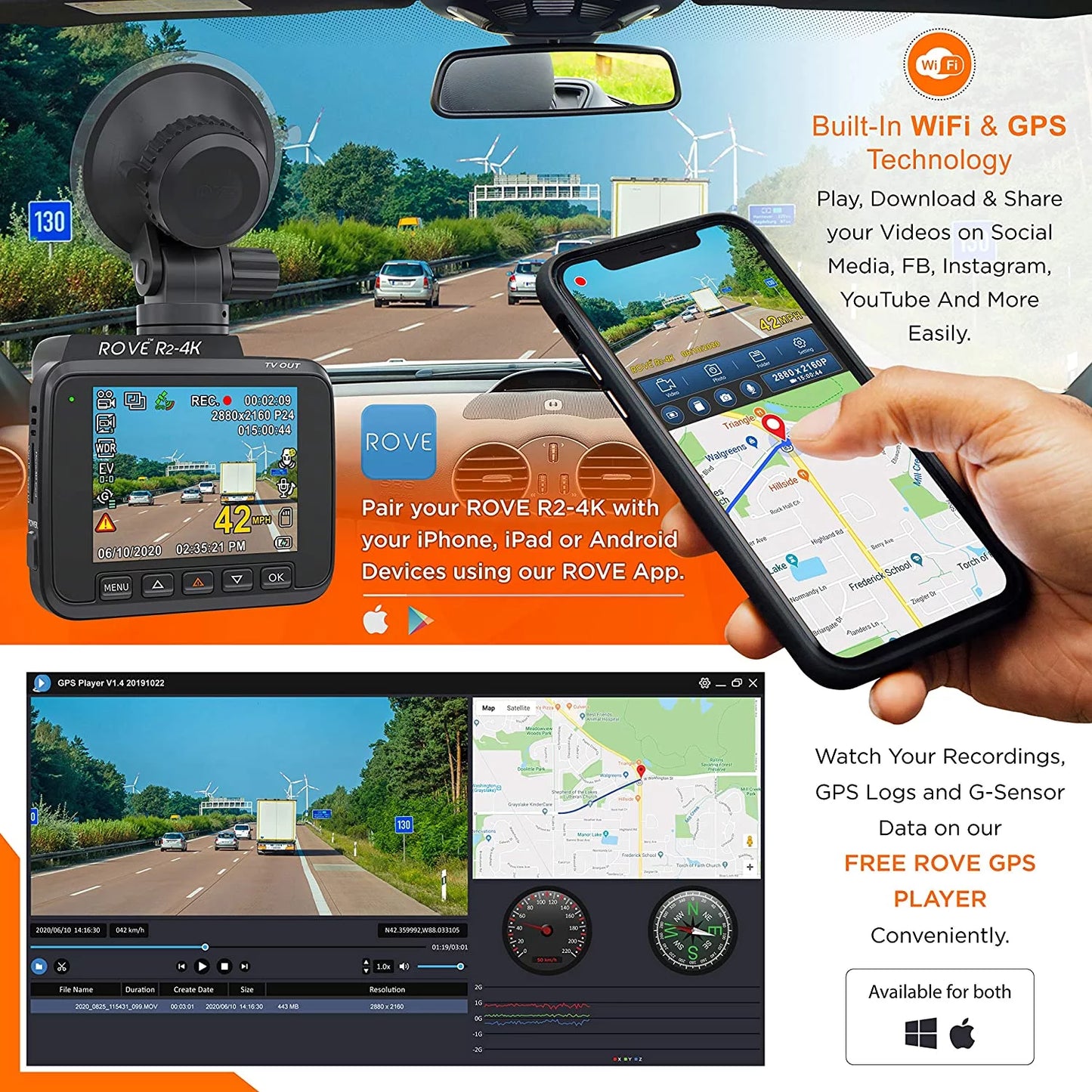 4K Dash Cam Built in WiFi GPS Car Dashboard Camera Recorder with UHD 2160P, 2.4" LCD, 150° Wide Angle, WDR, Night Vision