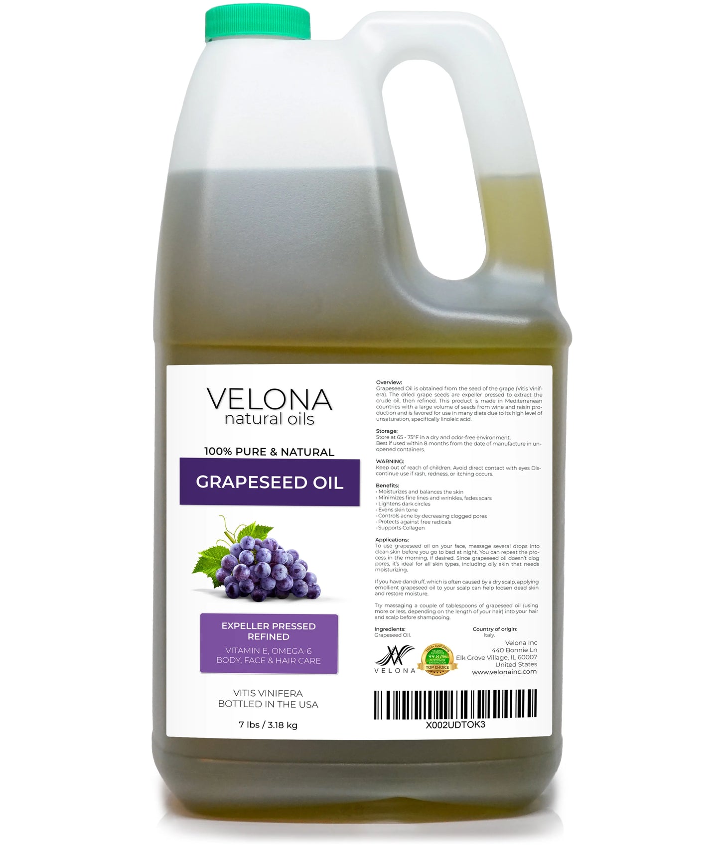 Velona Grapeseed Oil - 64 oz | 100% Pure and Natural Carrier Oil | Refined, Cold pressed | Cooking, Skin, Face, Body, Hair Care