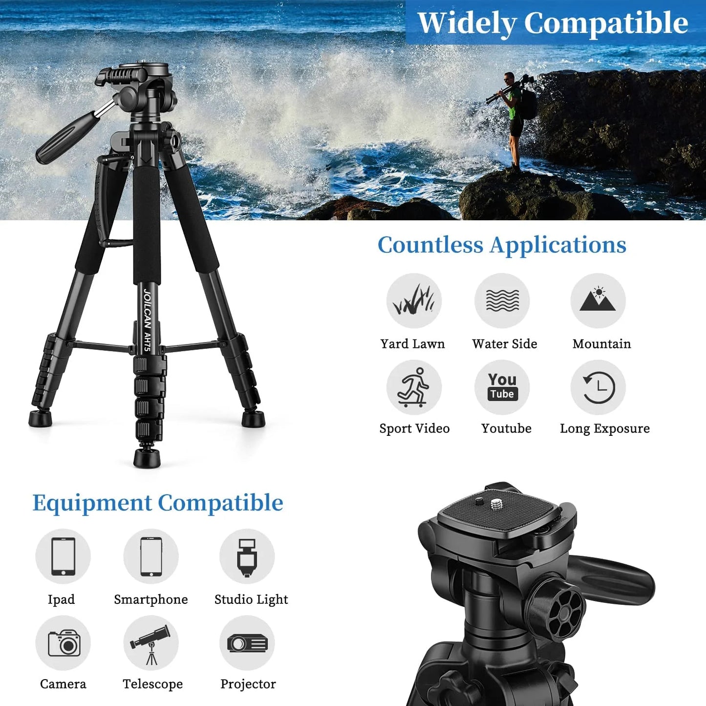 Tripod Camera Tripods, 74" Tripod Camera Cell Phone Video Photography, Heavy Duty Tall Camera Stand Tripod,