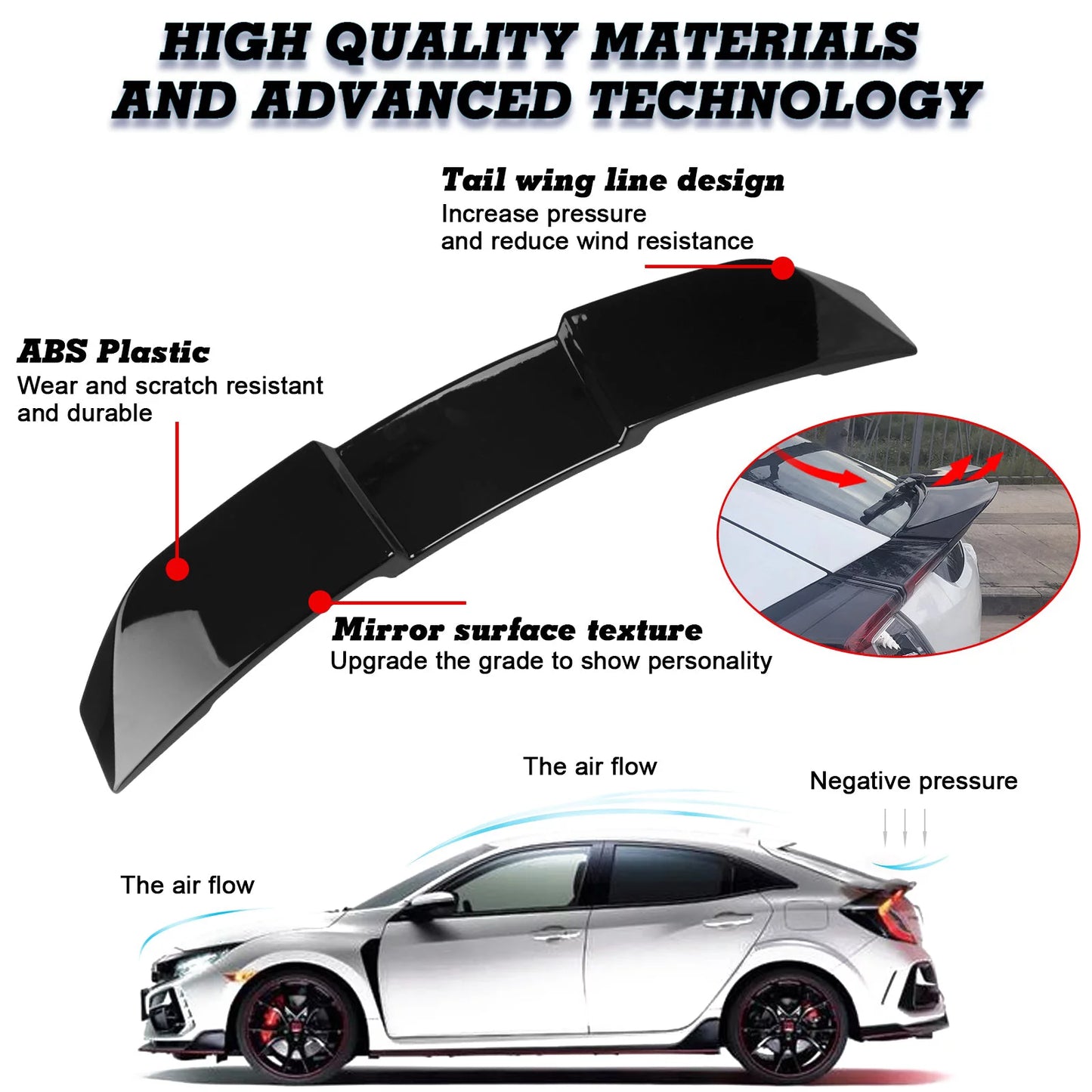 Xotic Tech 1pc Glossy Black V-Style ABS Plastic Duckbill Trunk Spoiler Molding Trim with Honda Civic Hatchback 2017-2021