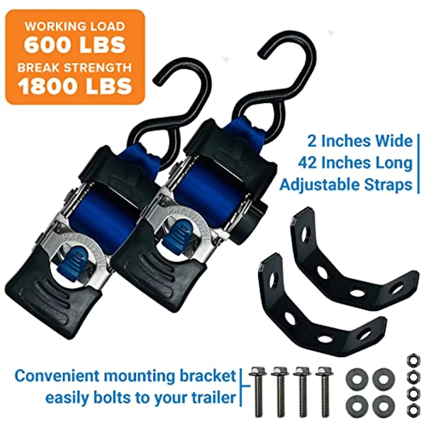 2x43 Blue Stainless Retractable Ratchet Straps - Heavy Duty Set with Mounting Brackets & Bolts - Self-Retracting Fastener Cargo