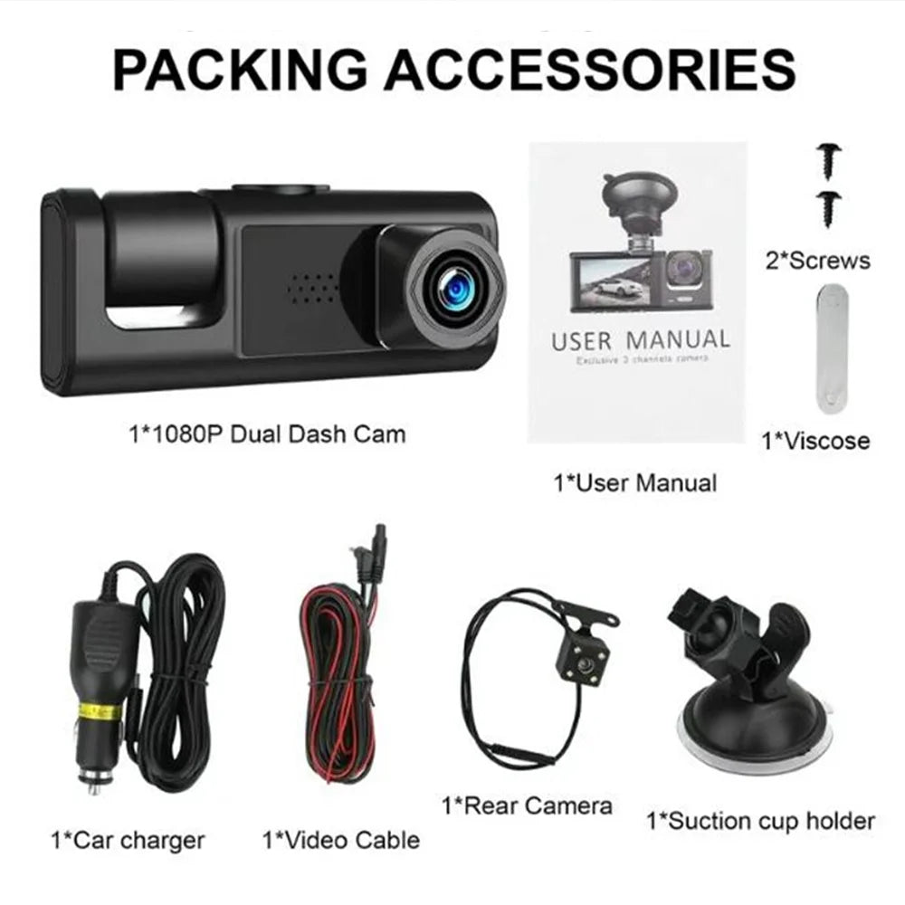 ALLTIMES 1080HD Car Dash Cam Recorder, 3 in 1 Cameras Front Interior Rear 2" HD IPS Display Screen, G-Sensor, Motion Detection, Loop Recording, with Car Charger and Video Cable