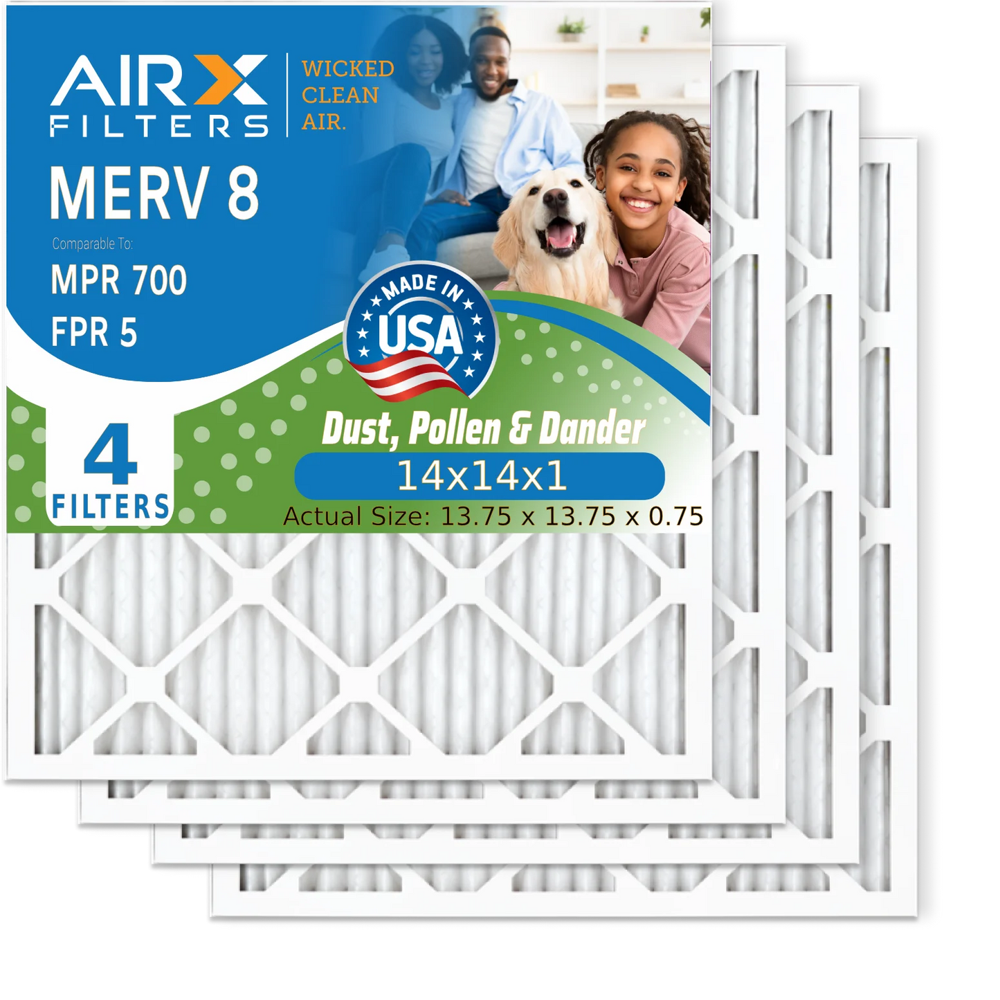 14x14x1 Air Filter MERV 8 Comparable to MPR 700 & FPR 5 Electrostatic Pleated Air Conditioner Filter 4 Pack HVAC AC Premium USA Made 14x14x1 Furnace Filters by AIRX FILTERS WICKED CLEAN AIR.