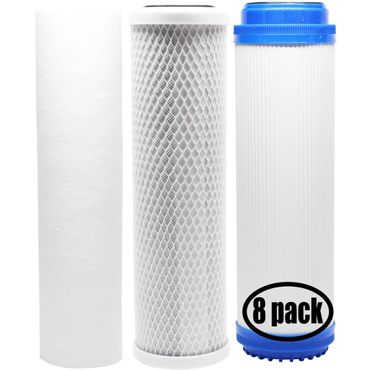 8-Pack Replacement Filter Kit Pentek 158657 RO System - Includes Carbon Block Filter, PP Sediment Filter & GAC Filter - Denali Pure Brand