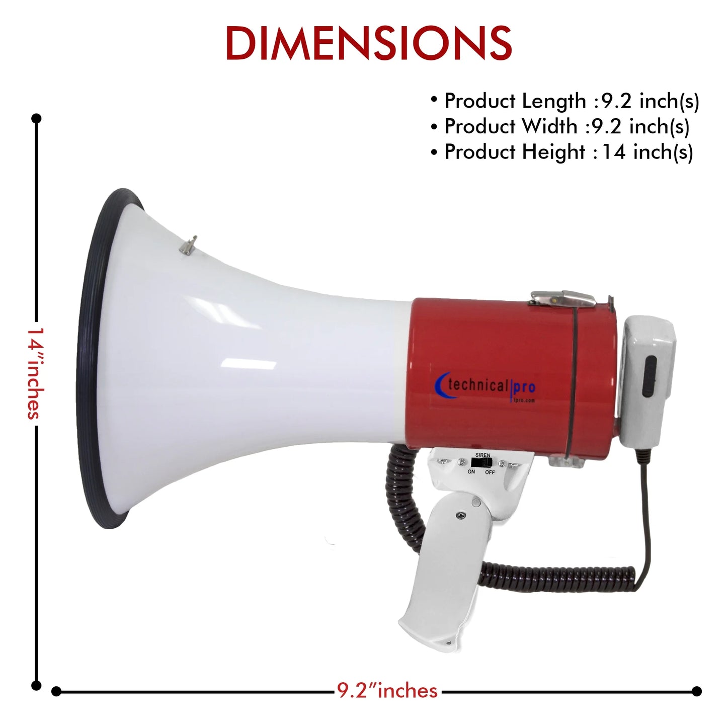 Technical Pro Portable 40 Watts 800M-1000M Range Megaphone Bullhorn With Strap Siren Volume Control Trainers