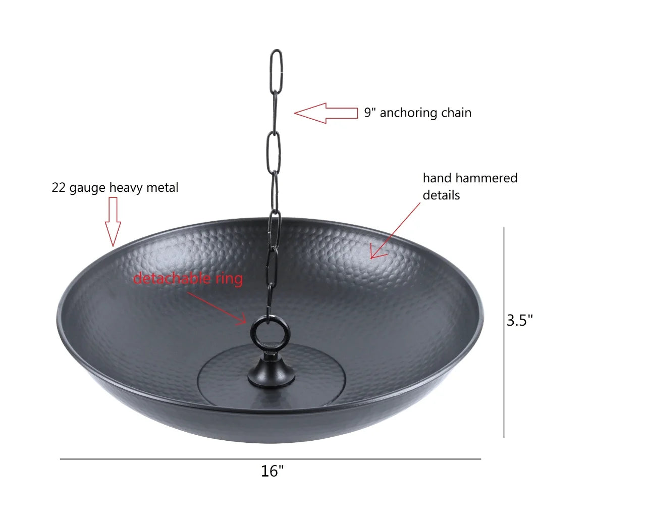 U-nitt Rain Chains 16" Anchoring Catch Basin/Receptacle/Bowl/Dish/Anchor, Black Powder Coated, Hammered, Roof Gutter Rain Chain Installation, A Decorative Fountain, A Bird Bath/Birdbath, 976BLK