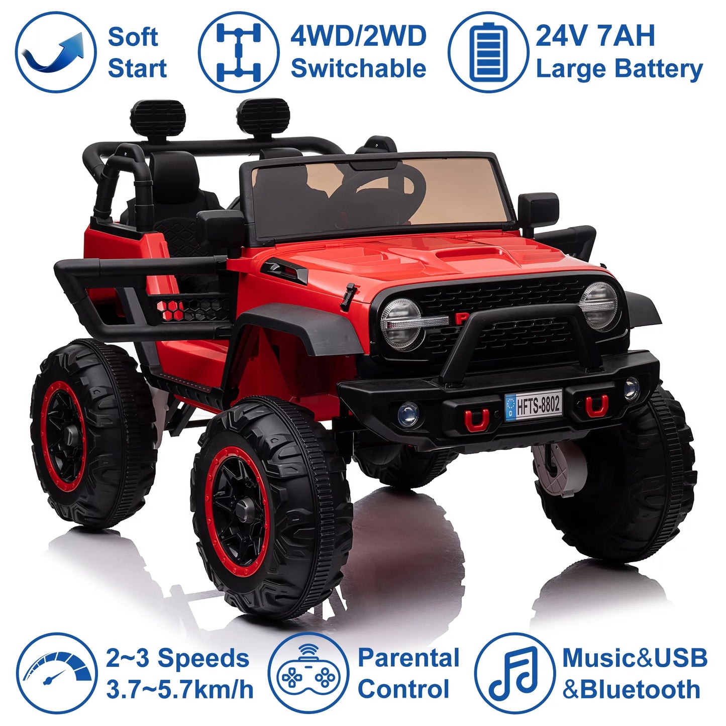 24V 2 Seater Kids Ride On Car Truck with 20" Extra Wide Seat, 4WD/2WD Switchable Kids Electric Vehicle with Remote Control, 4 Powerful Engines, Soft Brake, Music, Suspension, LED Light (Red)