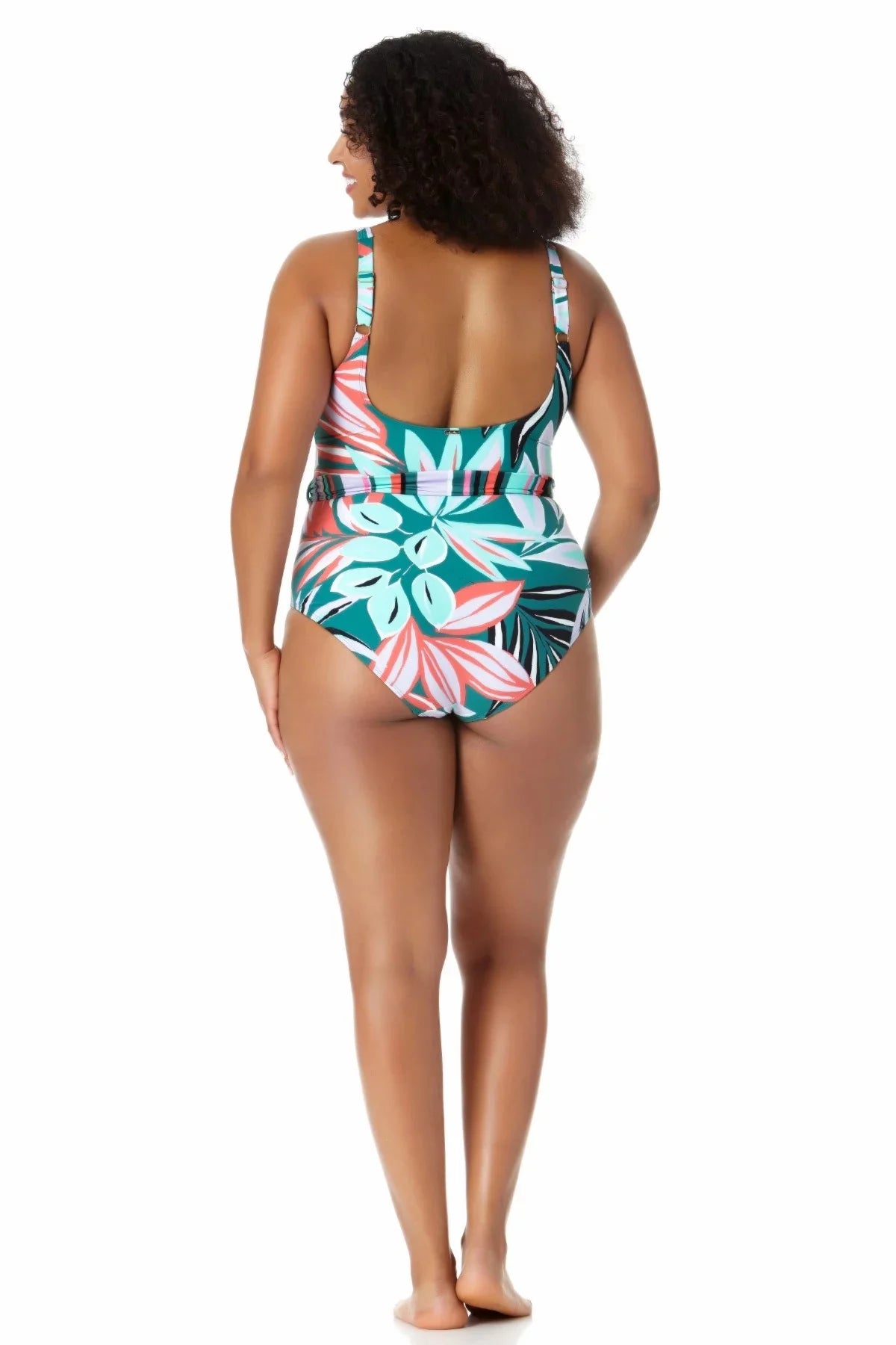 Anne Cole Women's Zesty Tropical Belted Scoop Neck One Piece Swimsuit Multi Size 16W