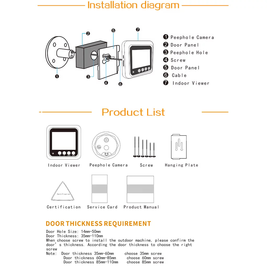 W5 2.4" inch Peephole Viewer Camera Video Doorbell Door Eye Wide Angle Night Vision No Disturb 2.0MP Door Bell Security Cam Need Drilling