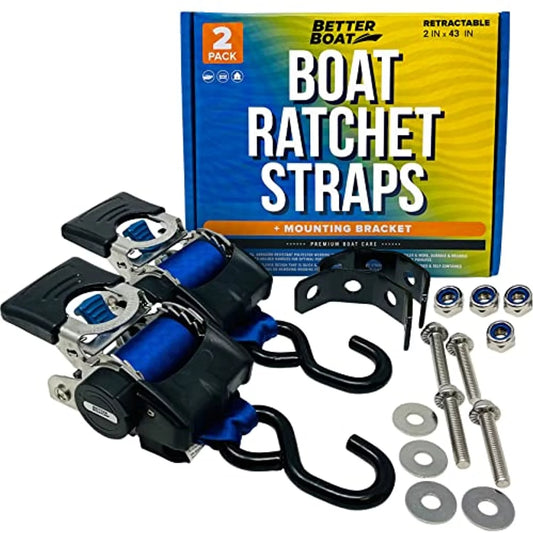 2x43 Blue Stainless Retractable Ratchet Straps - Heavy Duty Set with Mounting Brackets & Bolts - Self-Retracting Fastener Cargo