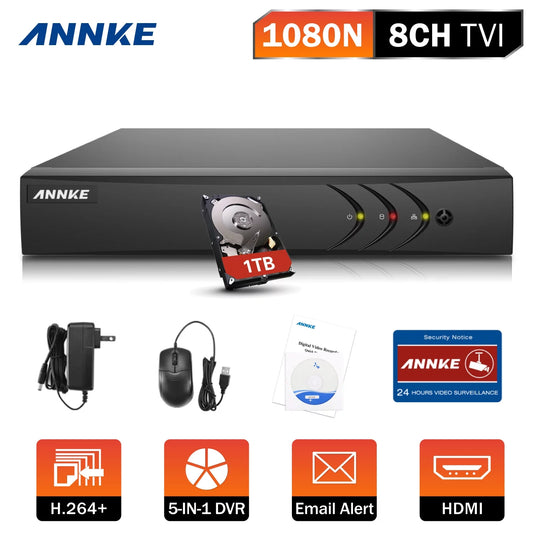 ANNKE 8-Channel HD-TVI 1080N Security Video DVR, H.264+ Video Compression Bandwidth Efficiency,Motion Detection, Email Alert with Snapshots, Remote Access