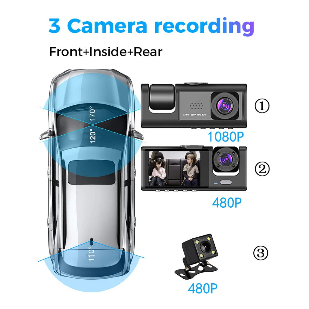 1080P DVR Dash Camera Front & Inside & Rear Camera Driving Recorder 2 Inch Screen Dashcam Support Night-Vision Loop Recording One-Key Lock WiFi version