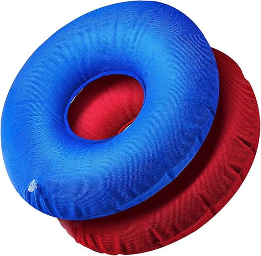 Zonon 2 Pieces Inflatable Donut Cushion Inflatable Ring Cushion Seat 15 Inch Round Inflatable Cushion Portable Donut Cushion Pillow Home Office Chair Wheelchair Car, 2 Colors (Blue, Red)