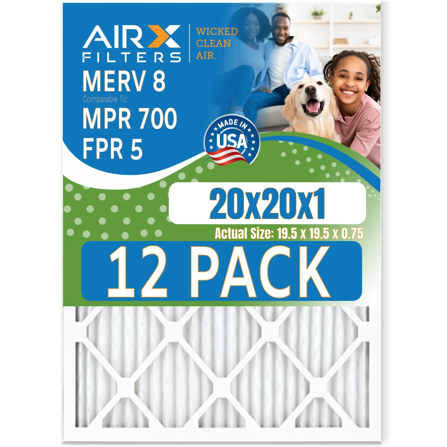 20x20x1 Air Filter MERV 8 Rating, 12 Pack of Furnace Filters Comparable to MPR 700 & FPR 5 - Made in USA by AIRX FILTERS WICKED CLEAN AIR.